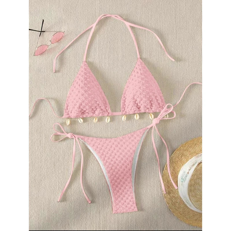 Bathing Suit Sexy Solid Shell Bikini Set Drawstring Side Bow Tie Beachwear Summer Halter Lace Up Two-piece Swimwear