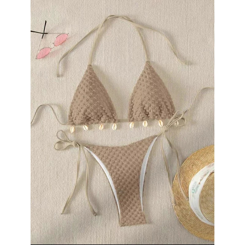 Bathing Suit Sexy Solid Shell Bikini Set Drawstring Side Bow Tie Beachwear Summer Halter Lace Up Two-piece Swimwear