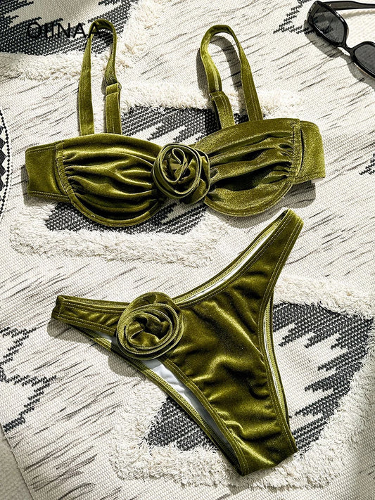 Bathing Suit Sexy Velour Swimwear 3D Floral Soild Green Bikini Set Summer Pleated Two-pieces New BeachWear Biquini