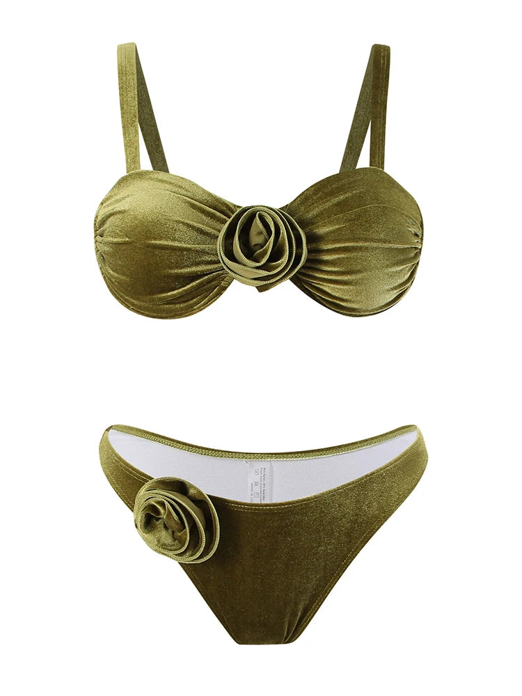 Bathing Suit Sexy Velour Swimwear 3D Floral Soild Green Bikini Set Summer Pleated Two-pieces New BeachWear Biquini