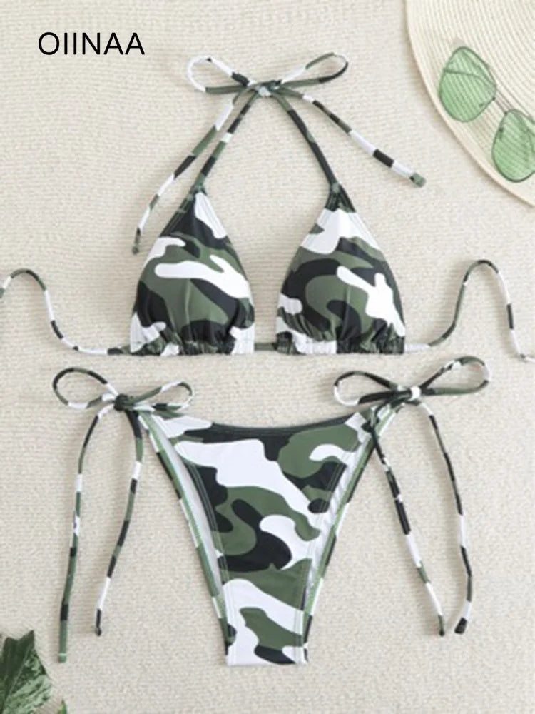 Sexy Swimwear Bikinis Set Camouflage Printed Two-pieces Swimwear Lace Up Bathing Beachwear