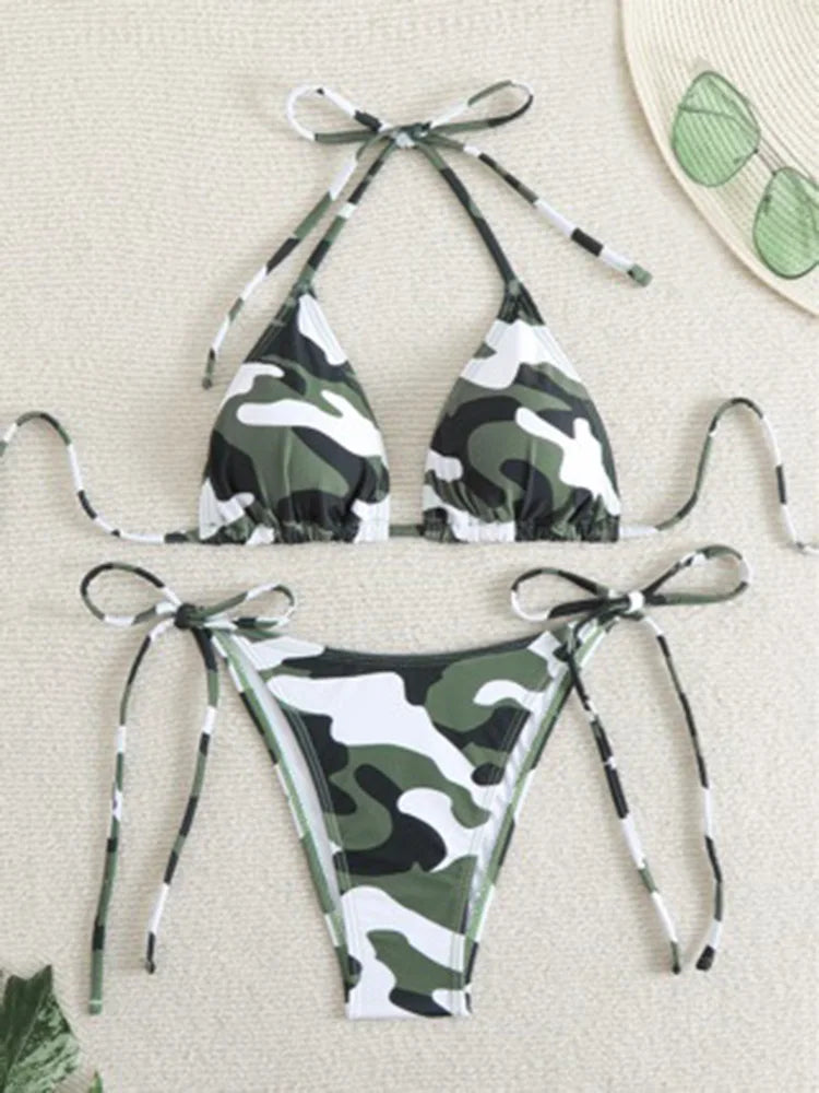 Sexy Swimwear Bikinis Set Camouflage Printed Two-pieces Swimwear Lace Up Bathing Beachwear