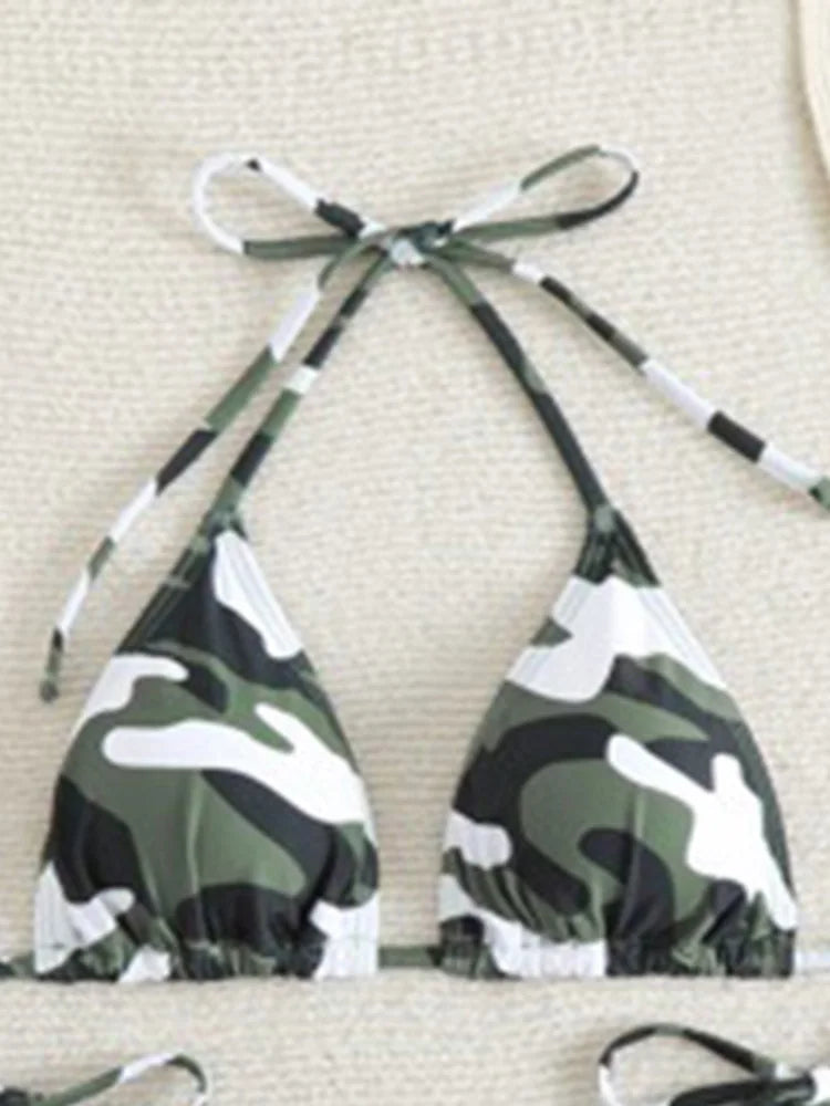 Sexy Swimwear Bikinis Set Camouflage Printed Two-pieces Swimwear Lace Up Bathing Beachwear