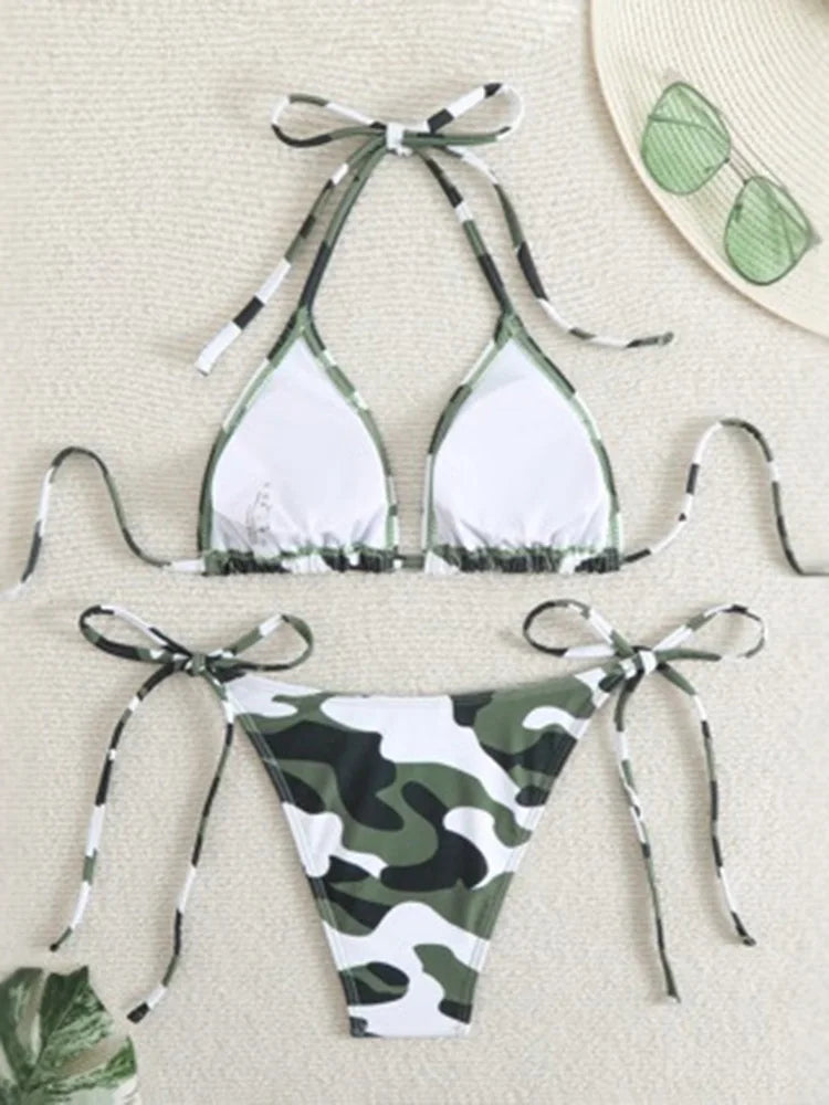 Sexy Swimwear Bikinis Set Camouflage Printed Two-pieces Swimwear Lace Up Bathing Beachwear