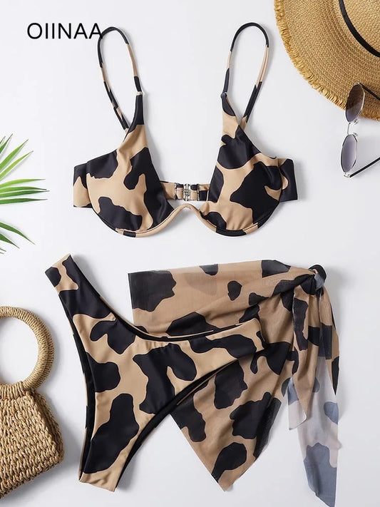 Sexy Floral Bikini Set Leopard Printed Beachwear with Mini Skirt Three-pieces Summer Female Bathing Suit