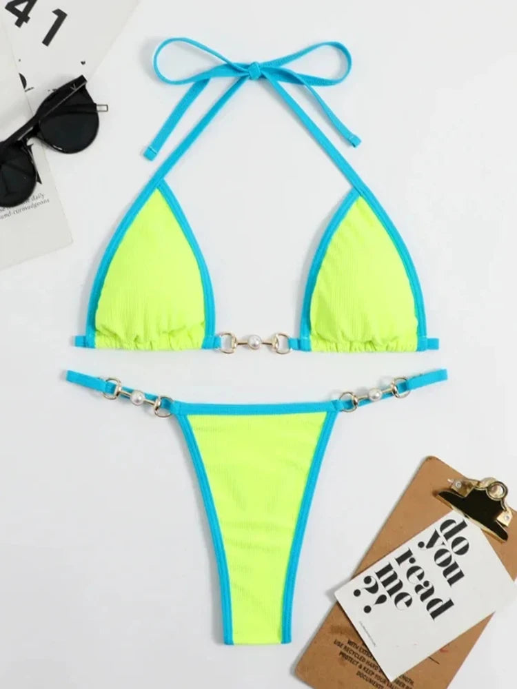 Swimsuit Women Sexy Halter Block Color Bikini Set Pearl Metal Ring Swimwear Lace Up Biquinis Two-piece Thong Bathing Suit