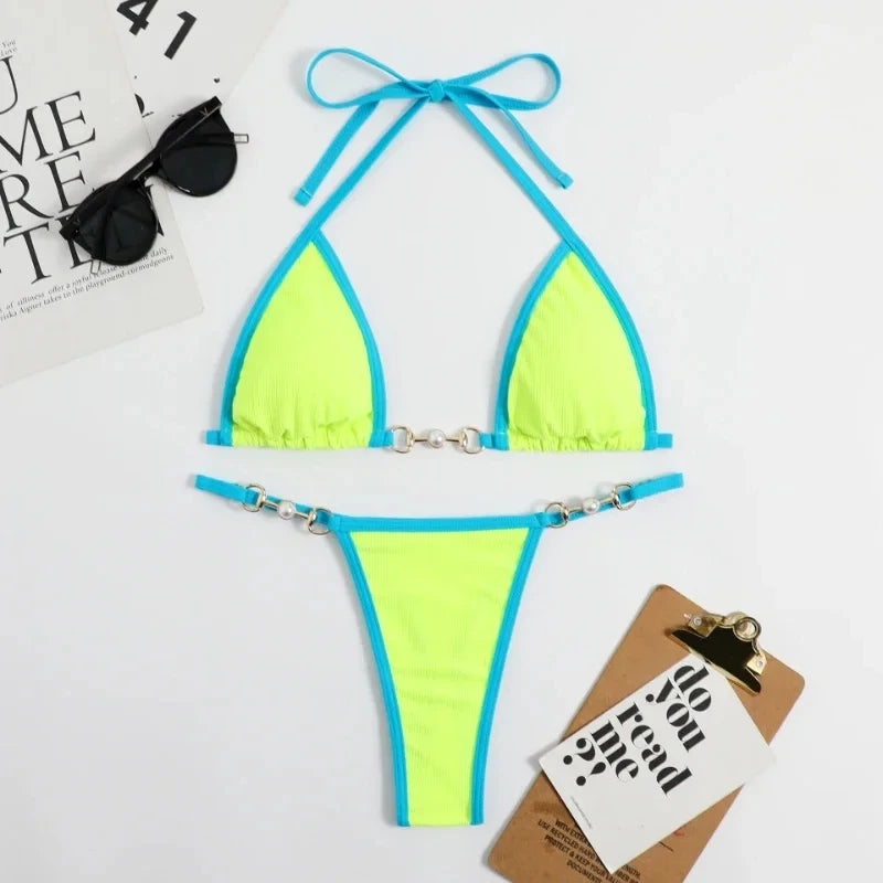 Swimsuit Women Sexy Halter Block Color Bikini Set Pearl Metal Ring Swimwear Lace Up Biquinis Two-piece Thong Bathing Suit