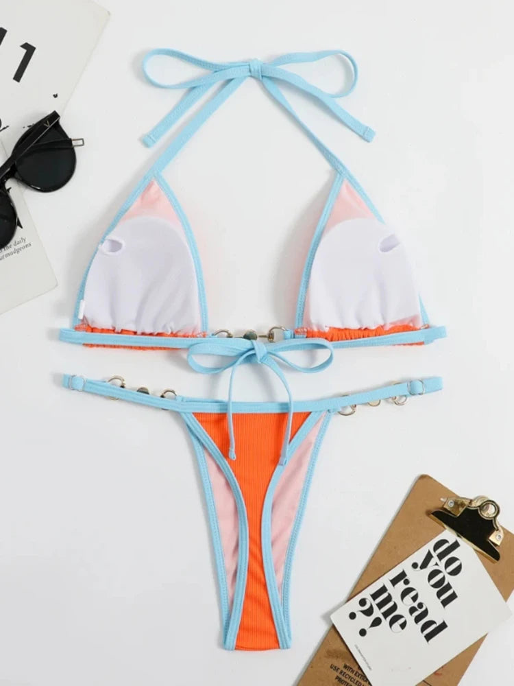 Swimsuit Women Sexy Halter Block Color Bikini Set Pearl Metal Ring Swimwear Lace Up Biquinis Two-piece Thong Bathing Suit