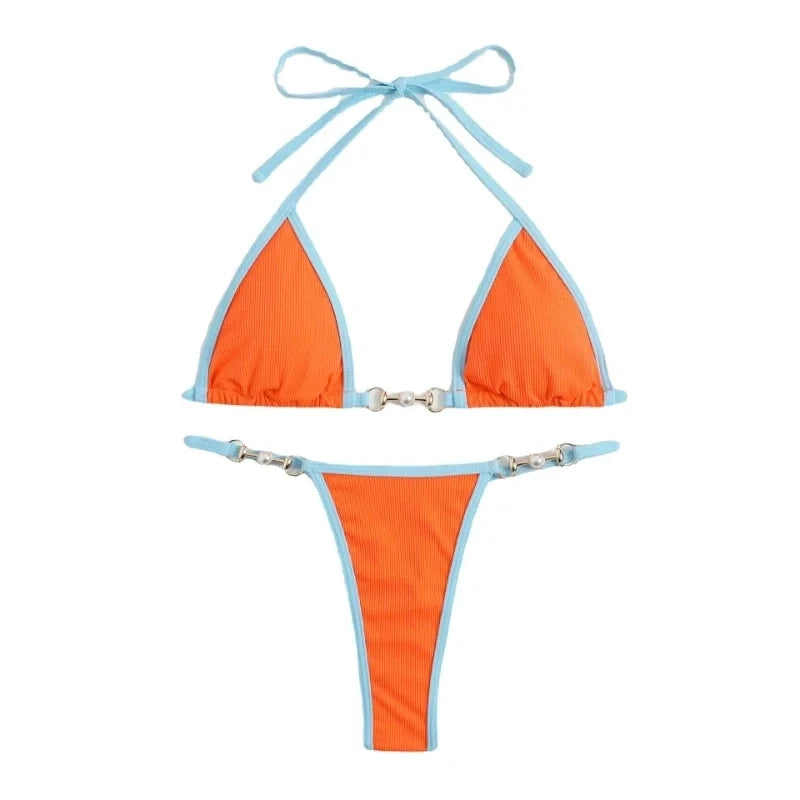 Swimsuit Women Sexy Halter Block Color Bikini Set Pearl Metal Ring Swimwear Lace Up Biquinis Two-piece Thong Bathing Suit