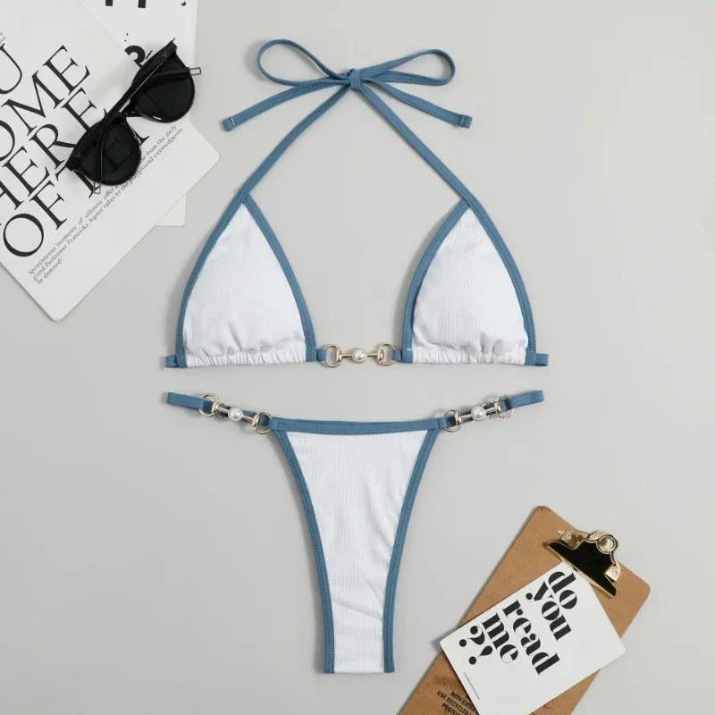 Swimsuit Women Sexy Halter Block Color Bikini Set Pearl Metal Ring Swimwear Lace Up Biquinis Two-piece Thong Bathing Suit