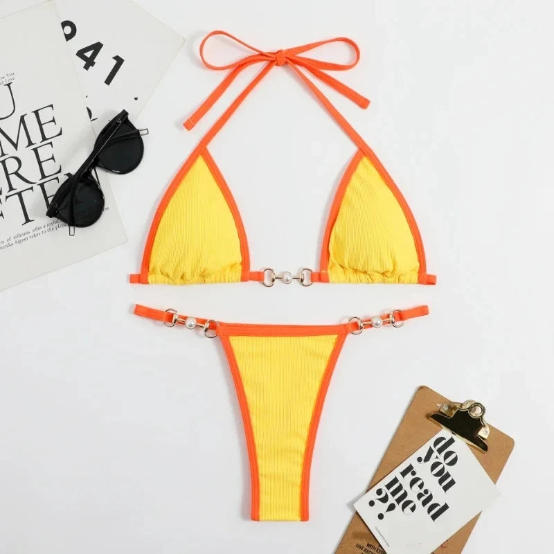 Swimsuit Women Sexy Halter Block Color Bikini Set Pearl Metal Ring Swimwear Lace Up Biquinis Two-piece Thong Bathing Suit