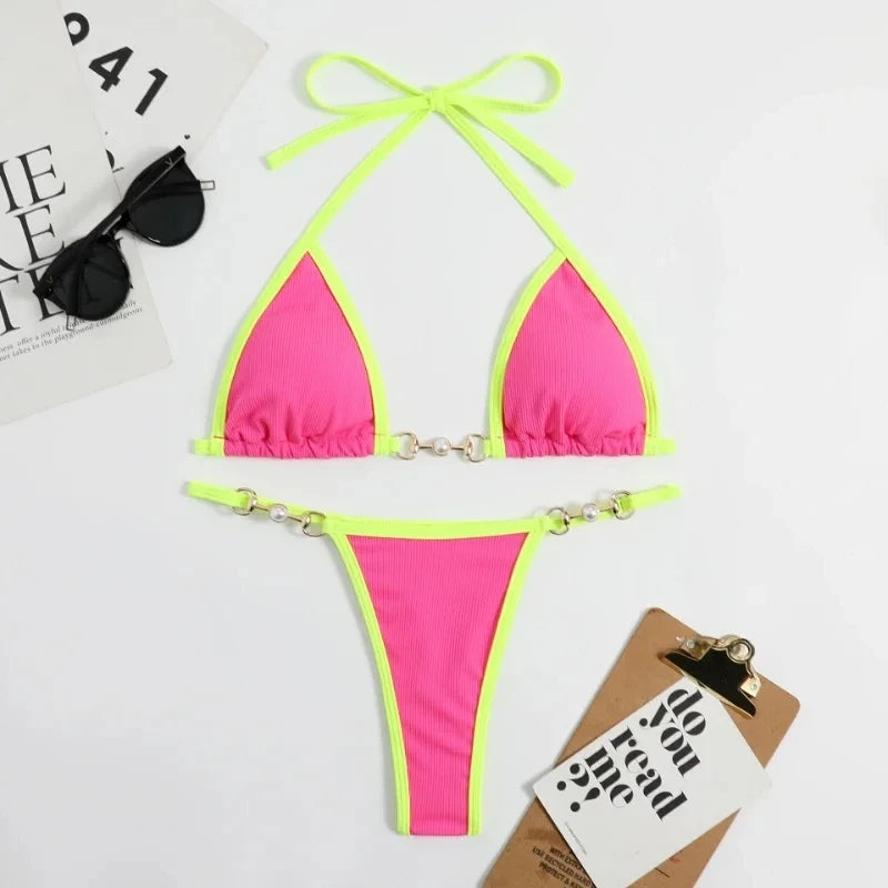 Swimsuit Women Sexy Halter Block Color Bikini Set Pearl Metal Ring Swimwear Lace Up Biquinis Two-piece Thong Bathing Suit