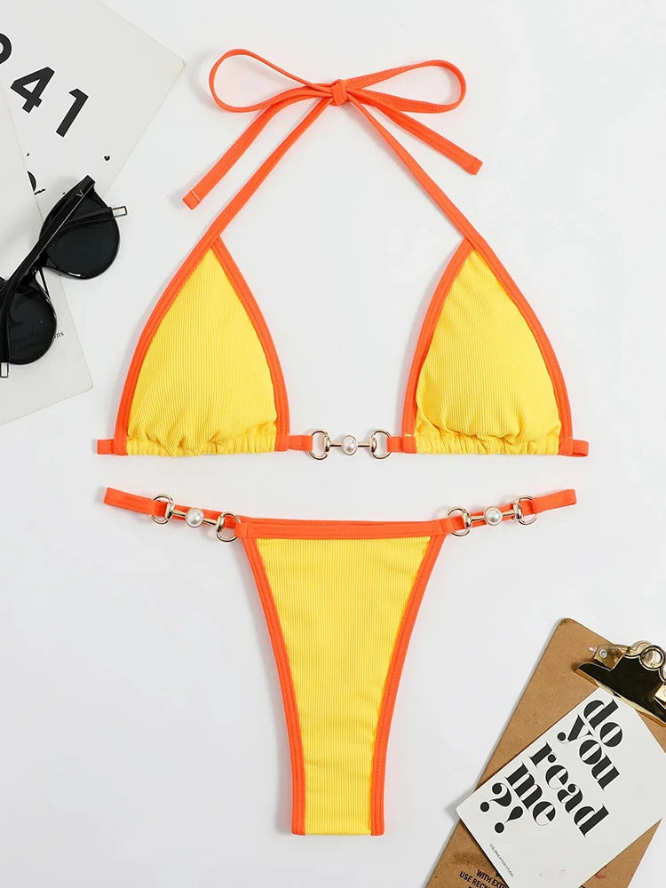 Swimsuit Women Sexy Halter Block Color Bikini Set Pearl Metal Ring Swimwear Lace Up Biquinis Two-piece Thong Bathing Suit