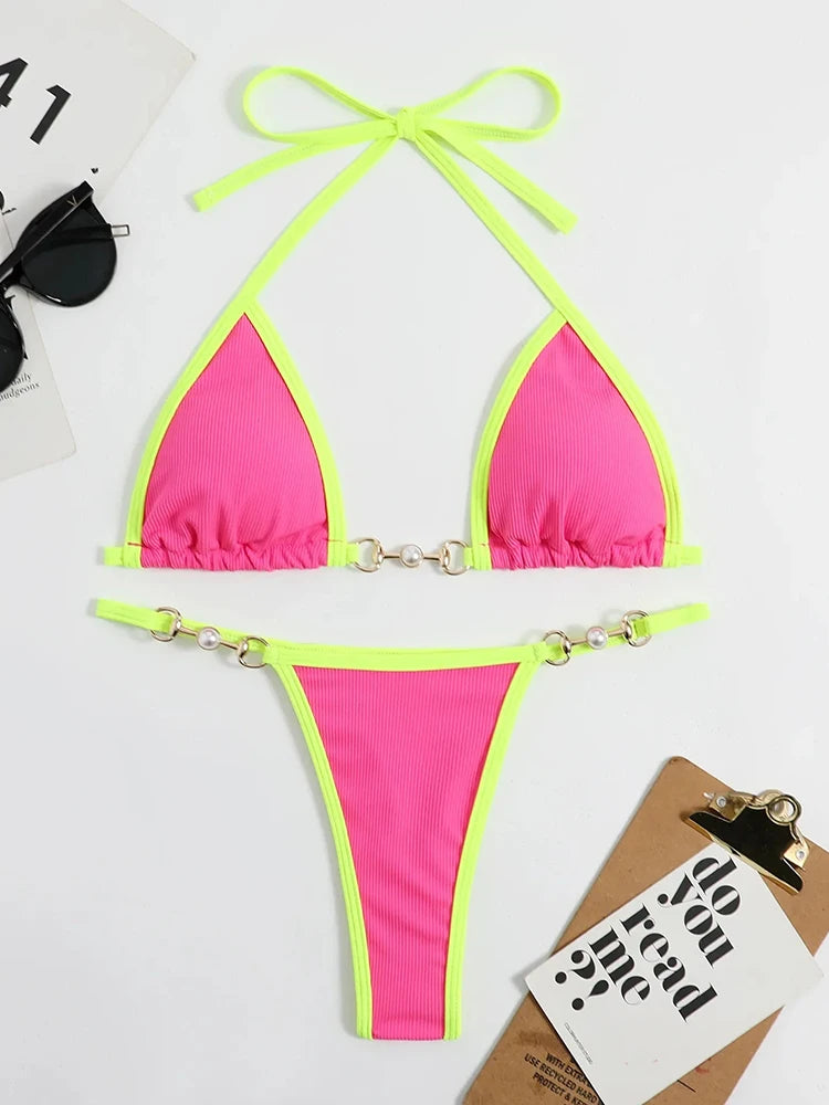 Swimsuit Women Sexy Halter Block Color Bikini Set Pearl Metal Ring Swimwear Lace Up Biquinis Two-piece Thong Bathing Suit