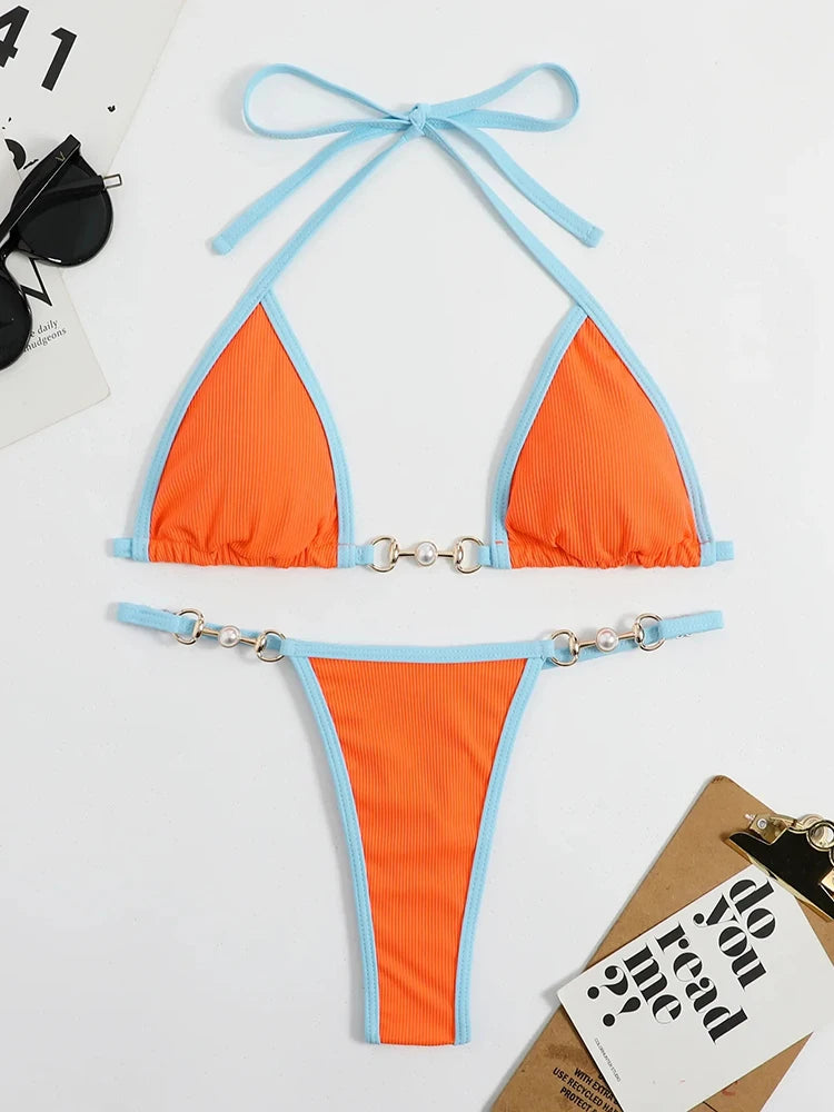 Swimsuit Women Sexy Halter Block Color Bikini Set Pearl Metal Ring Swimwear Lace Up Biquinis Two-piece Thong Bathing Suit