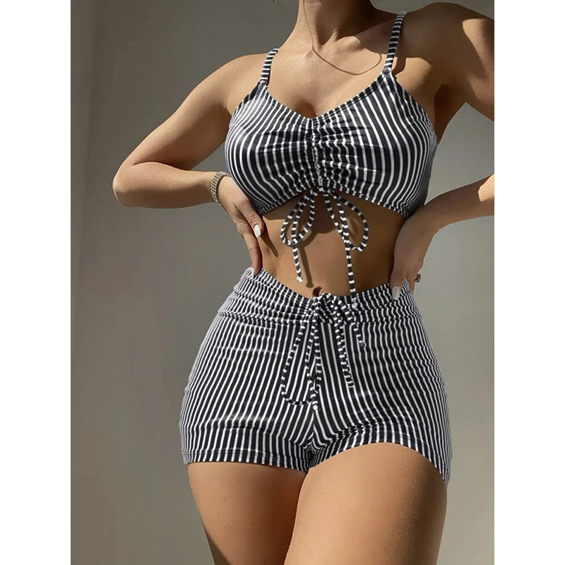 Swimsuit Striped Printed Sexy Drawstring Bikini Set Two-pieces Beachwear Lace Up Bather Bathing Suit