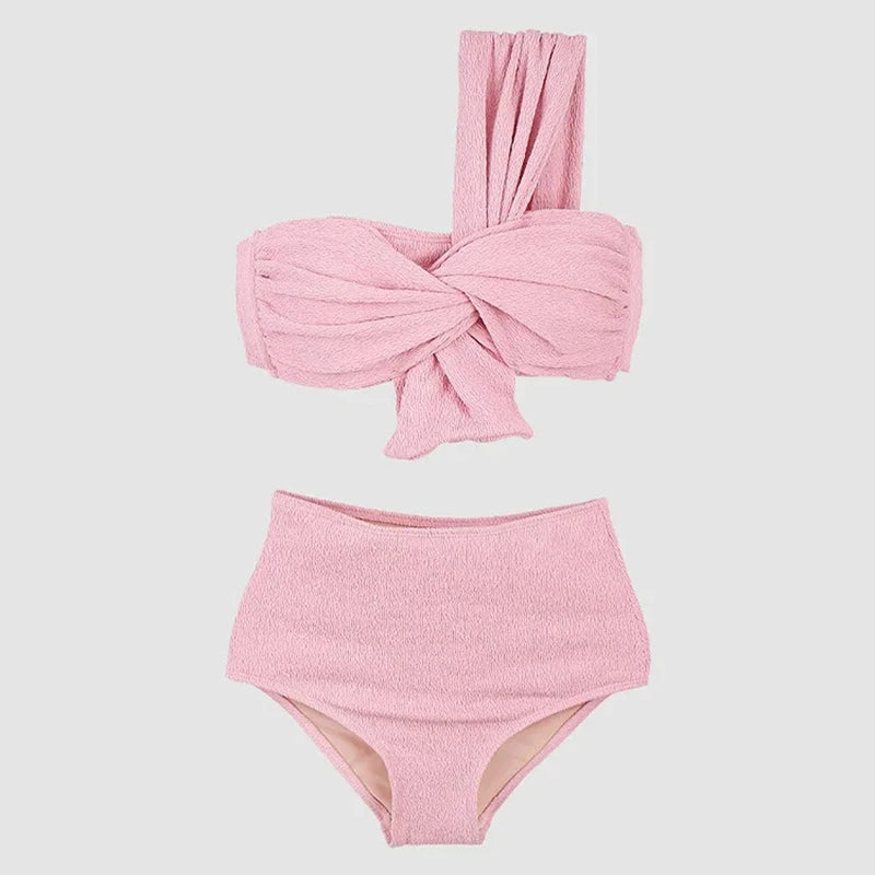 Swimwear Sexy One Shoulder Bikini Set Solid Color Swimsuit Bow Tie Biquinis Two-pieces Bathing Suit