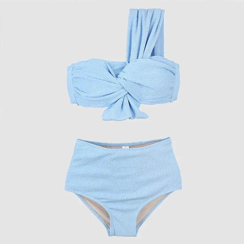 Swimwear Sexy One Shoulder Bikini Set Solid Color Swimsuit Bow Tie Biquinis Two-pieces Bathing Suit