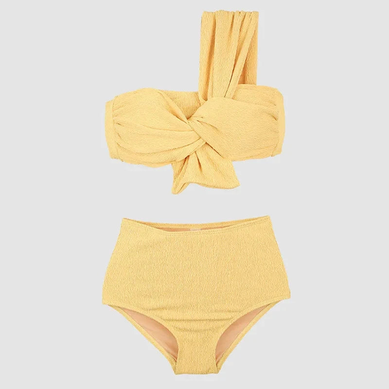 Swimwear Sexy One Shoulder Bikini Set Solid Color Swimsuit Bow Tie Biquinis Two-pieces Bathing Suit