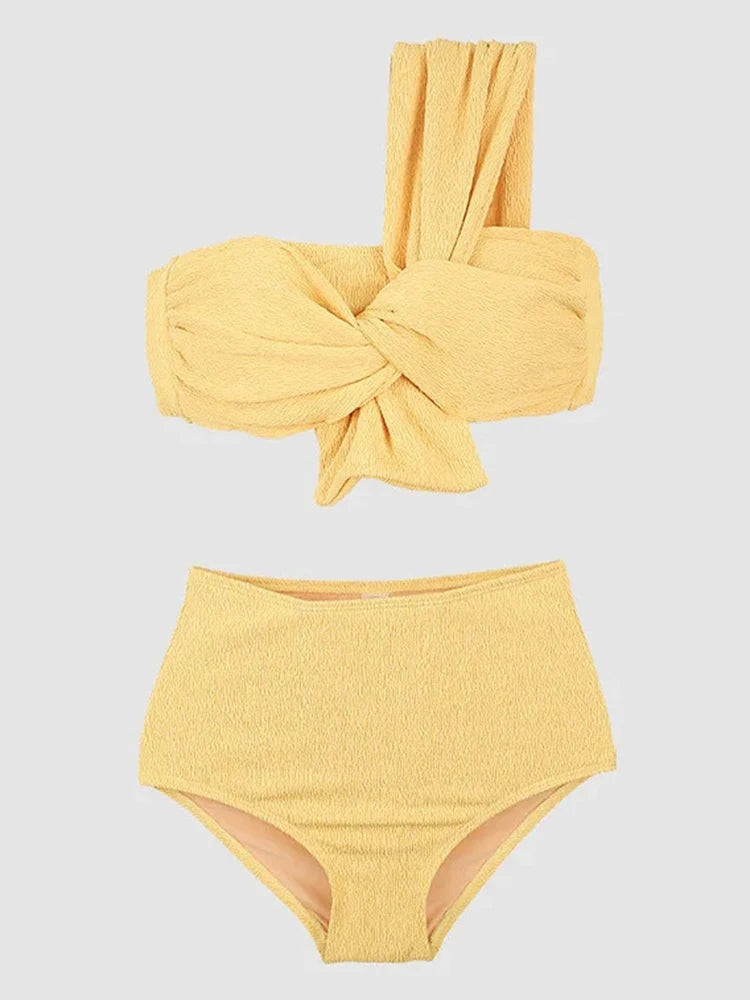 Swimwear Sexy One Shoulder Bikini Set Solid Color Swimsuit Bow Tie Biquinis Two-pieces Bathing Suit