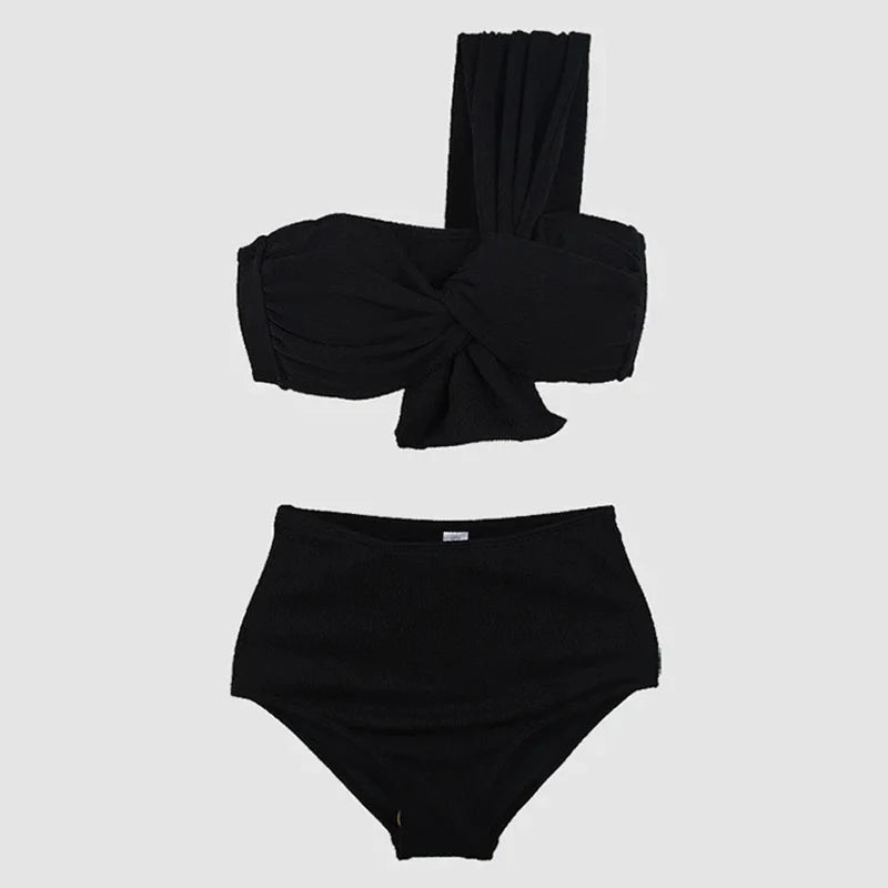 Swimwear Sexy One Shoulder Bikini Set Solid Color Swimsuit Bow Tie Biquinis Two-pieces Bathing Suit