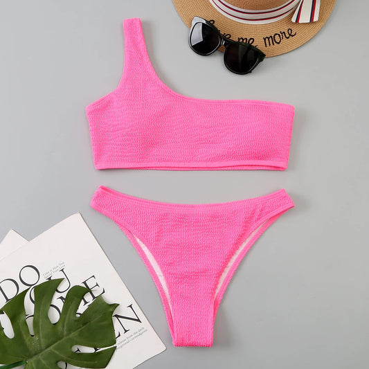 One Shoulder Bikinis Sexy Swimwear Brazilian Swimsuit Solid Beachwear Bathers Bathing Swimming Swim Suit