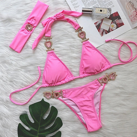 Pink Sexy Bikinis Swimsuit With Heart Rhinestones Women Swimwear Female Push Up Bikini Beach Swim Wear Bathing Suits Pool Bather