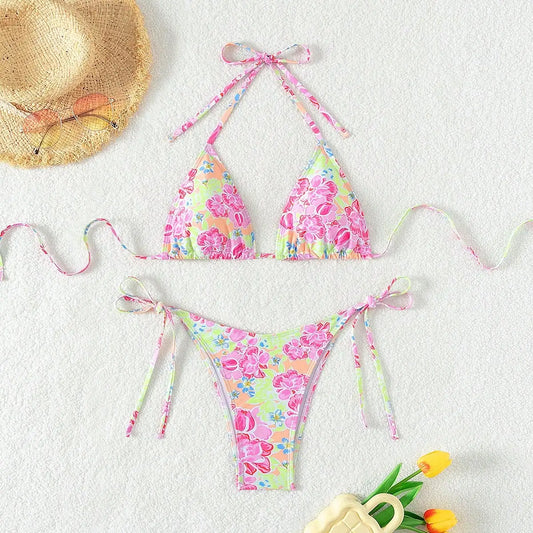 sexy swimwear printed triangle cup bra neck strap back strap side beach set strap bikini suit