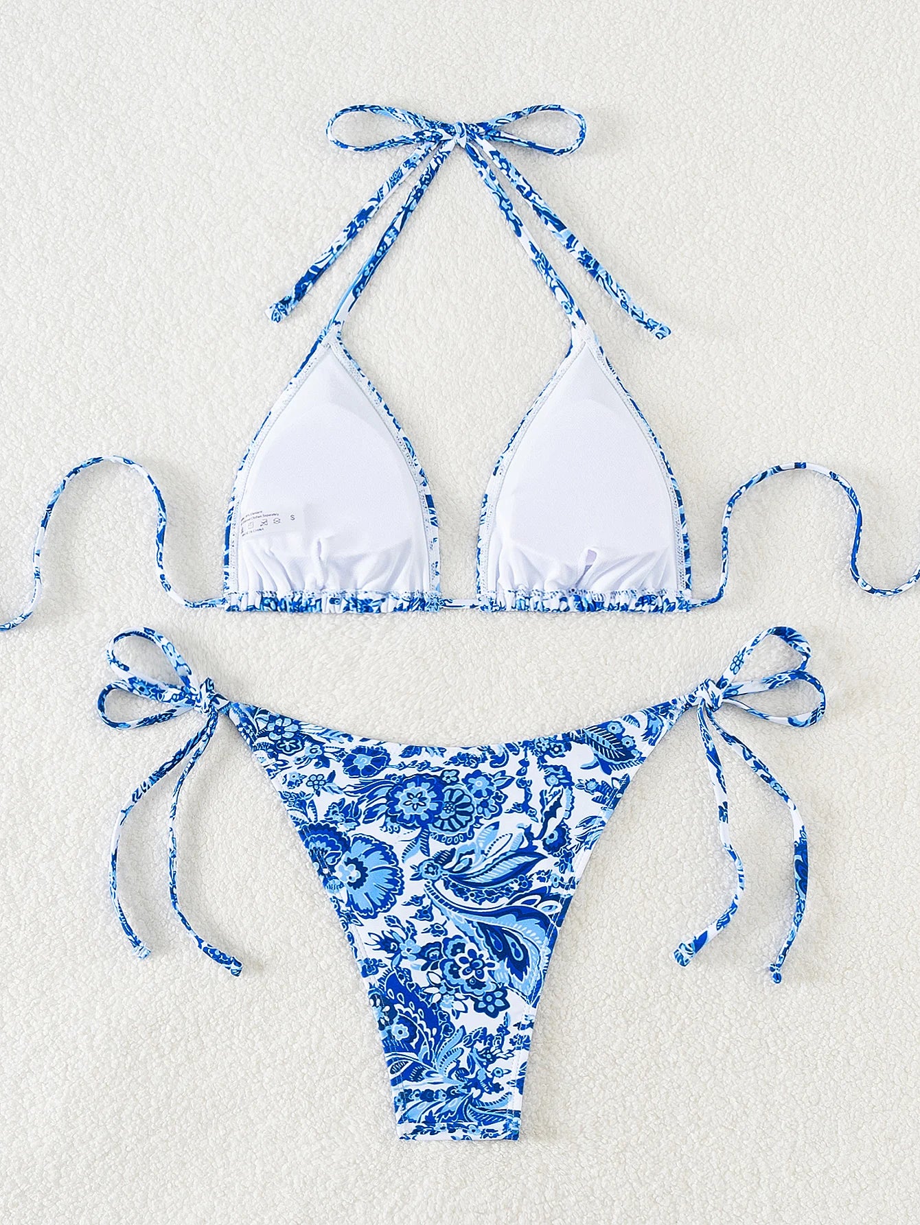 sexy swimwear printed triangle cup bra neck strap back strap side beach set strap bikini suit