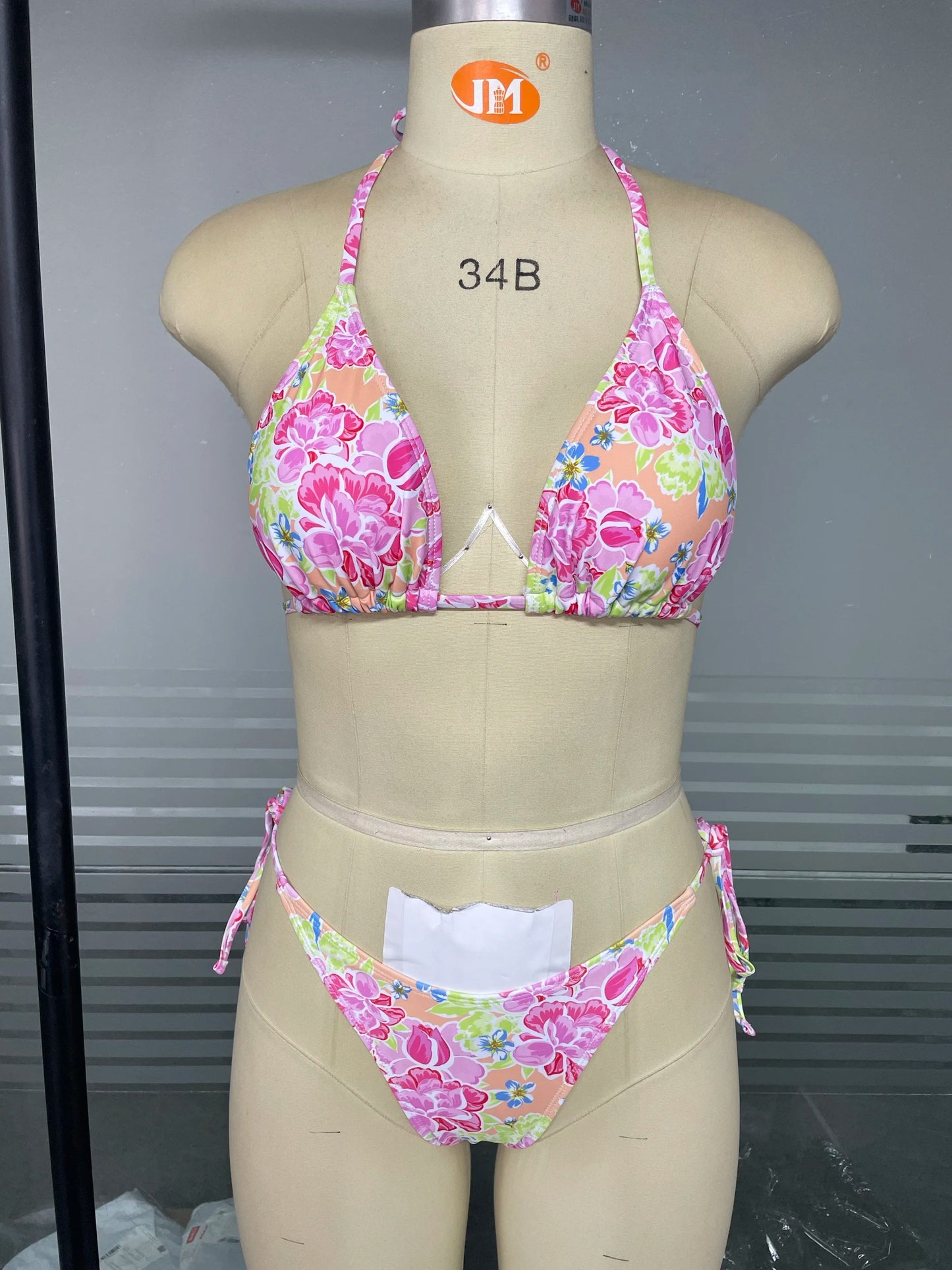 sexy swimwear printed triangle cup bra neck strap back strap side beach set strap bikini suit