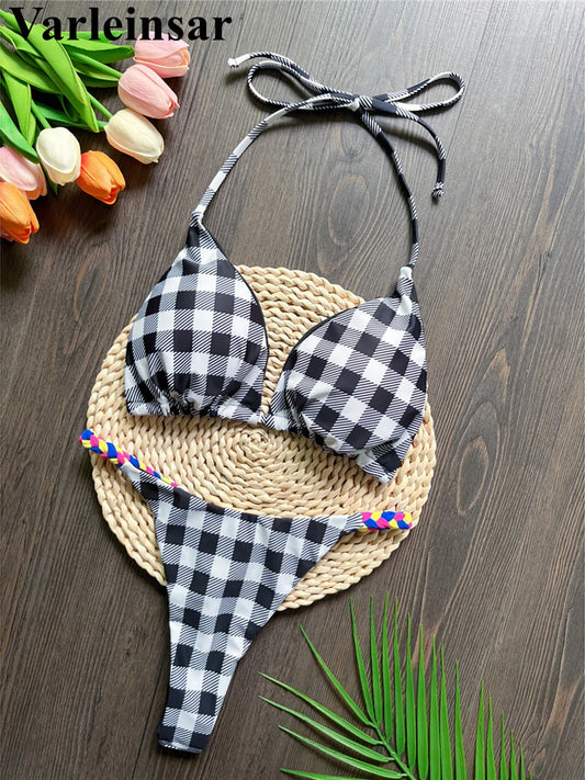 Plaid Printed Halter Mini Micro Thong Bikini Swimwear Swimsuit Two-pieces Bikini set Bather Bathing Suit Swim