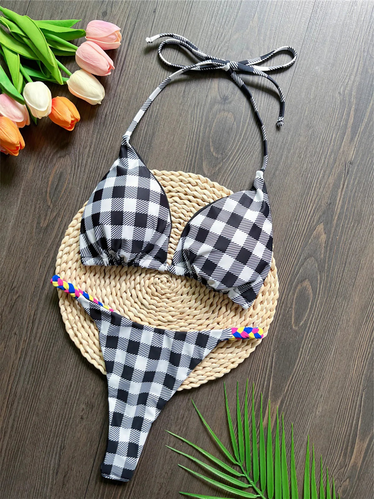 Plaid Printed Halter Mini Micro Thong Bikini Swimwear Swimsuit Two-pieces Bikini set Bather Bathing Suit Swim