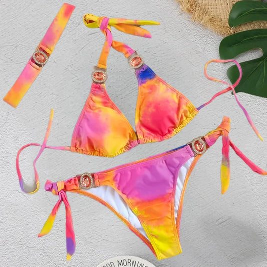 Print Sexy Bikinis Swimsuits With Rhinestones Swimwear Female Push Up Bikini Beach Swim Wear Bathing Suits Pool Bather