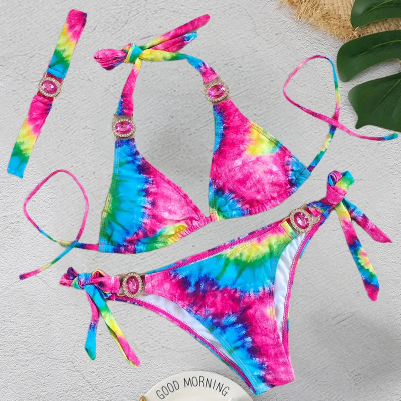 Print Sexy Bikinis Swimsuits With Rhinestones Swimwear Female Push Up Bikini Beach Swim Wear Bathing Suits Pool Bather