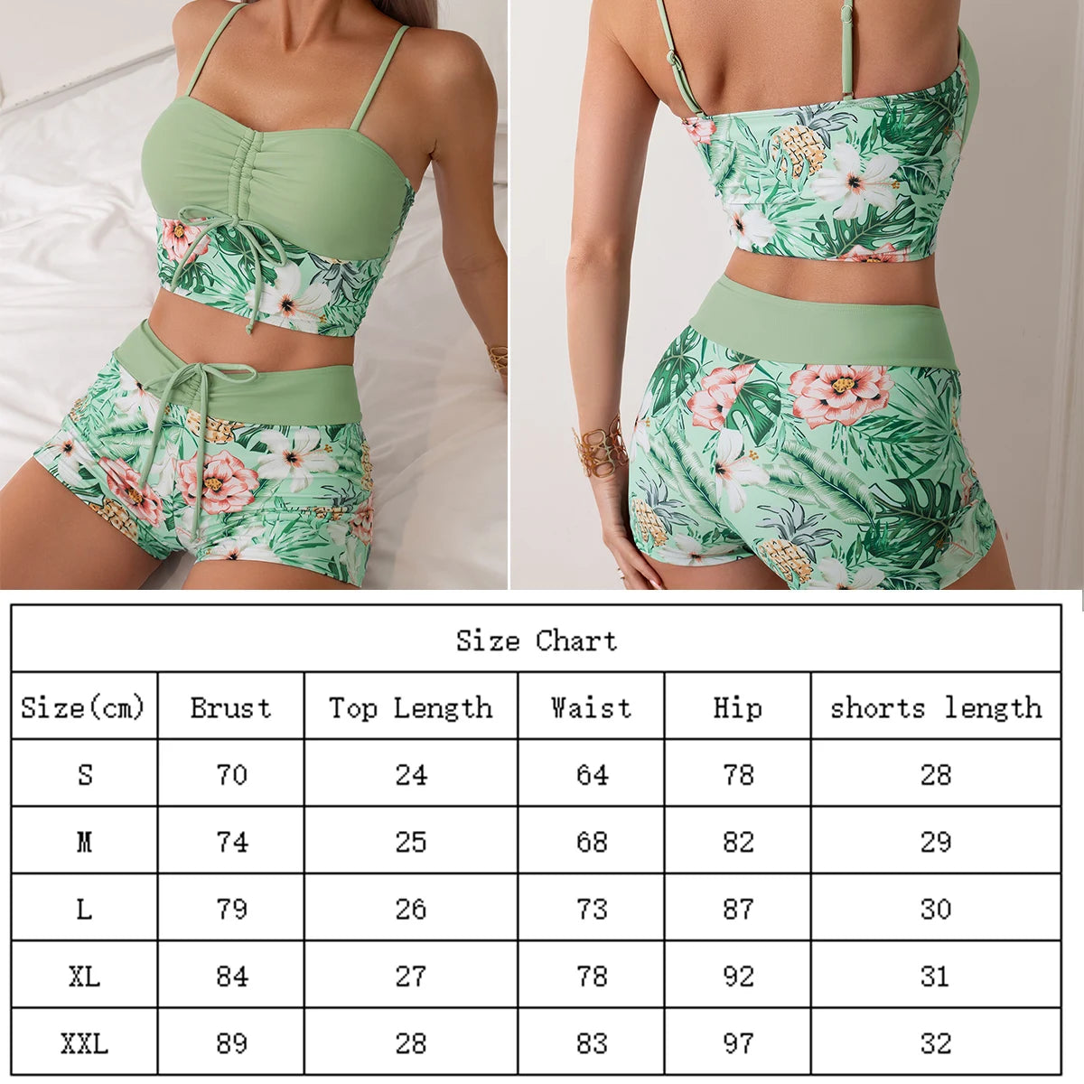 Printed Flower Tankini Set  Girl Swimwear Adjustable Strap Vest Bra Female Flower Shorts Bikini Drawstring Women Beach Set