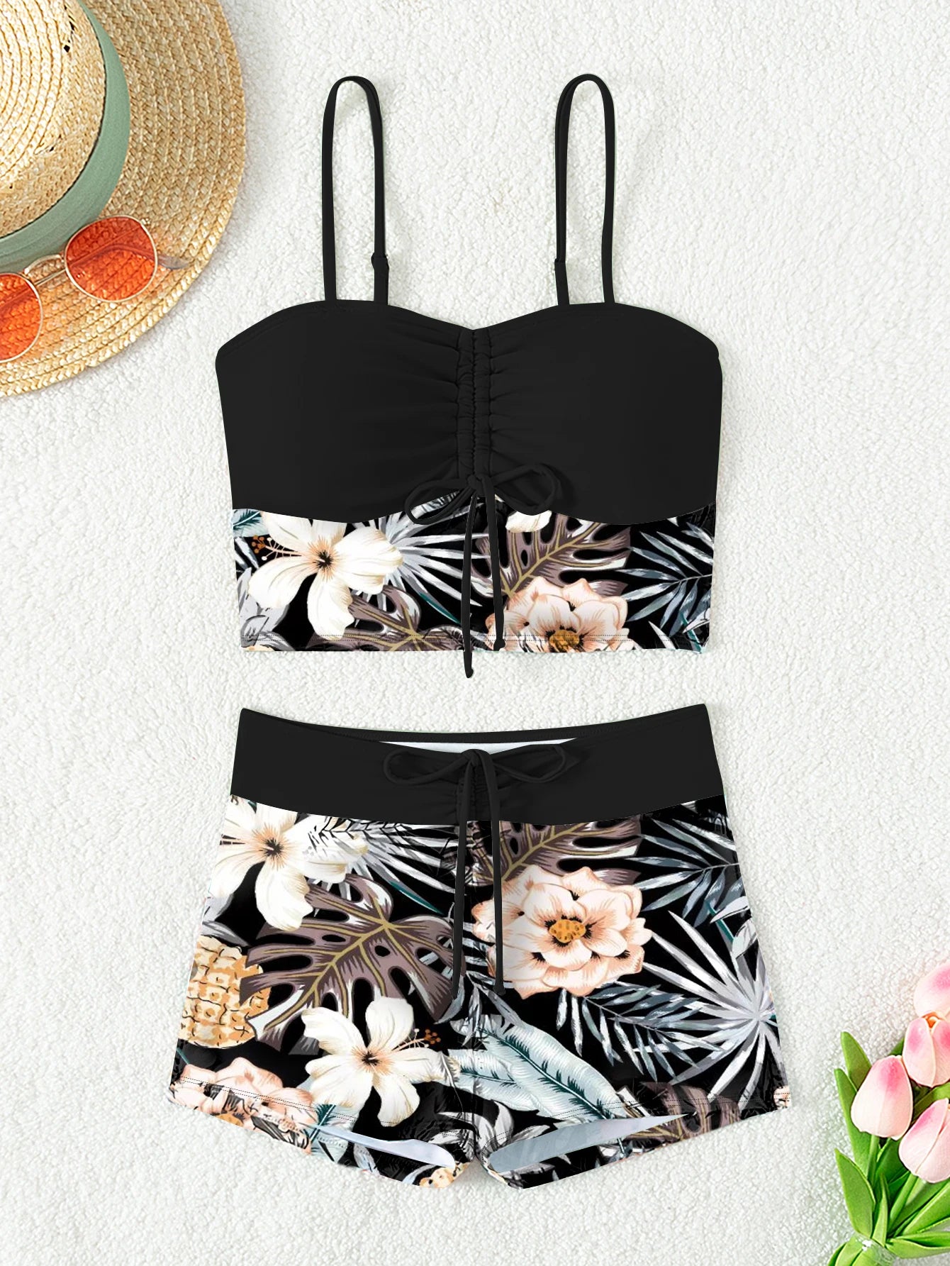 Printed Flower Tankini Set  Girl Swimwear Adjustable Strap Vest Bra Female Flower Shorts Bikini Drawstring Women Beach Set