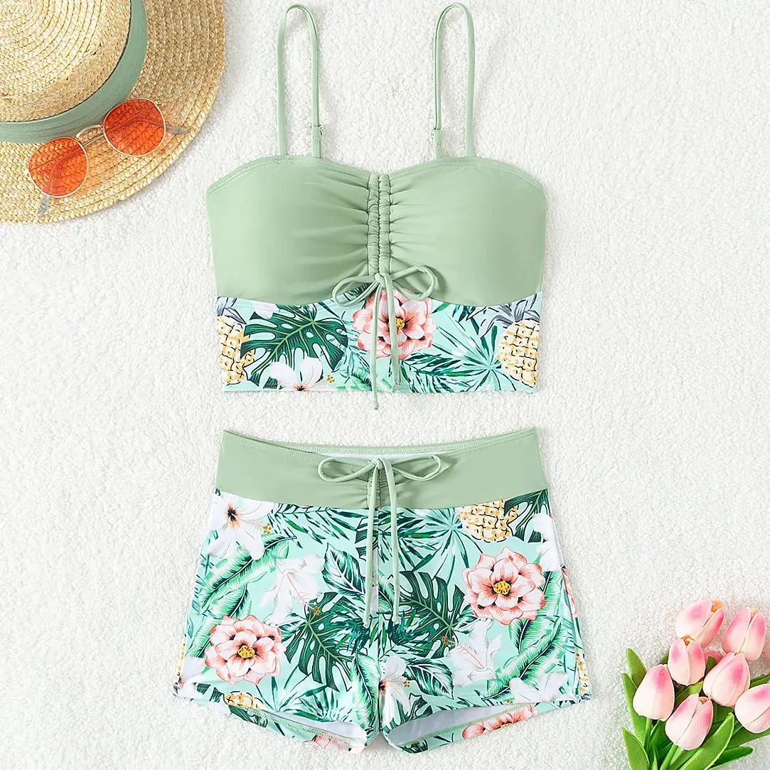 Printed Flower Tankini Set  Girl Swimwear Adjustable Strap Vest Bra Female Flower Shorts Bikini Drawstring Women Beach Set