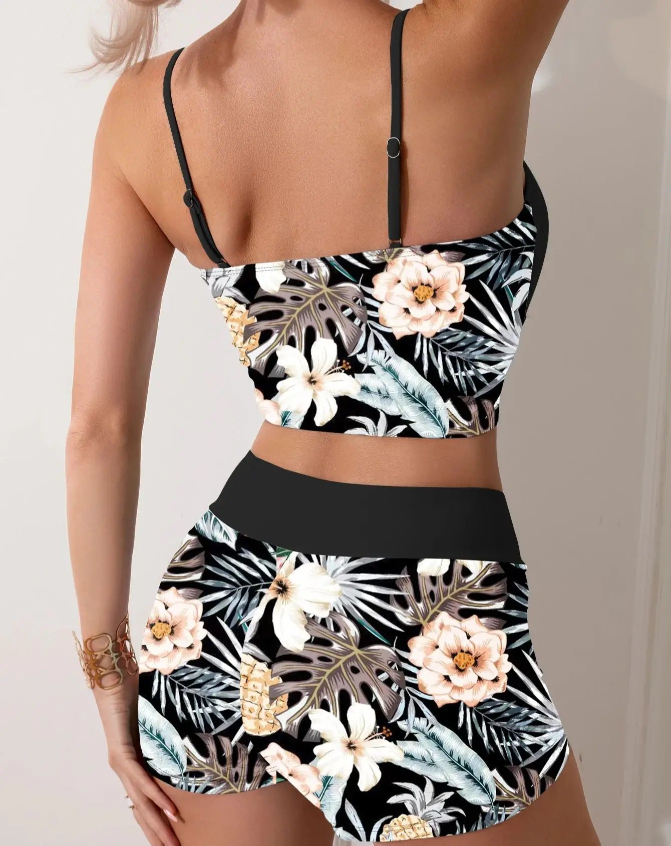 Printed Flower Tankini Set  Girl Swimwear Adjustable Strap Vest Bra Female Flower Shorts Bikini Drawstring Women Beach Set