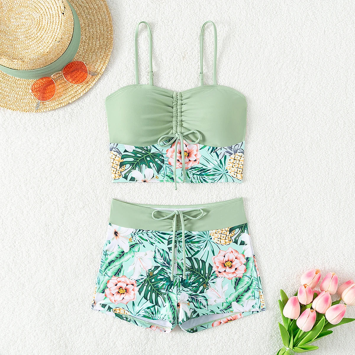 Printed Flower Tankini Set  Girl Swimwear Adjustable Strap Vest Bra Female Flower Shorts Bikini Drawstring Women Beach Set