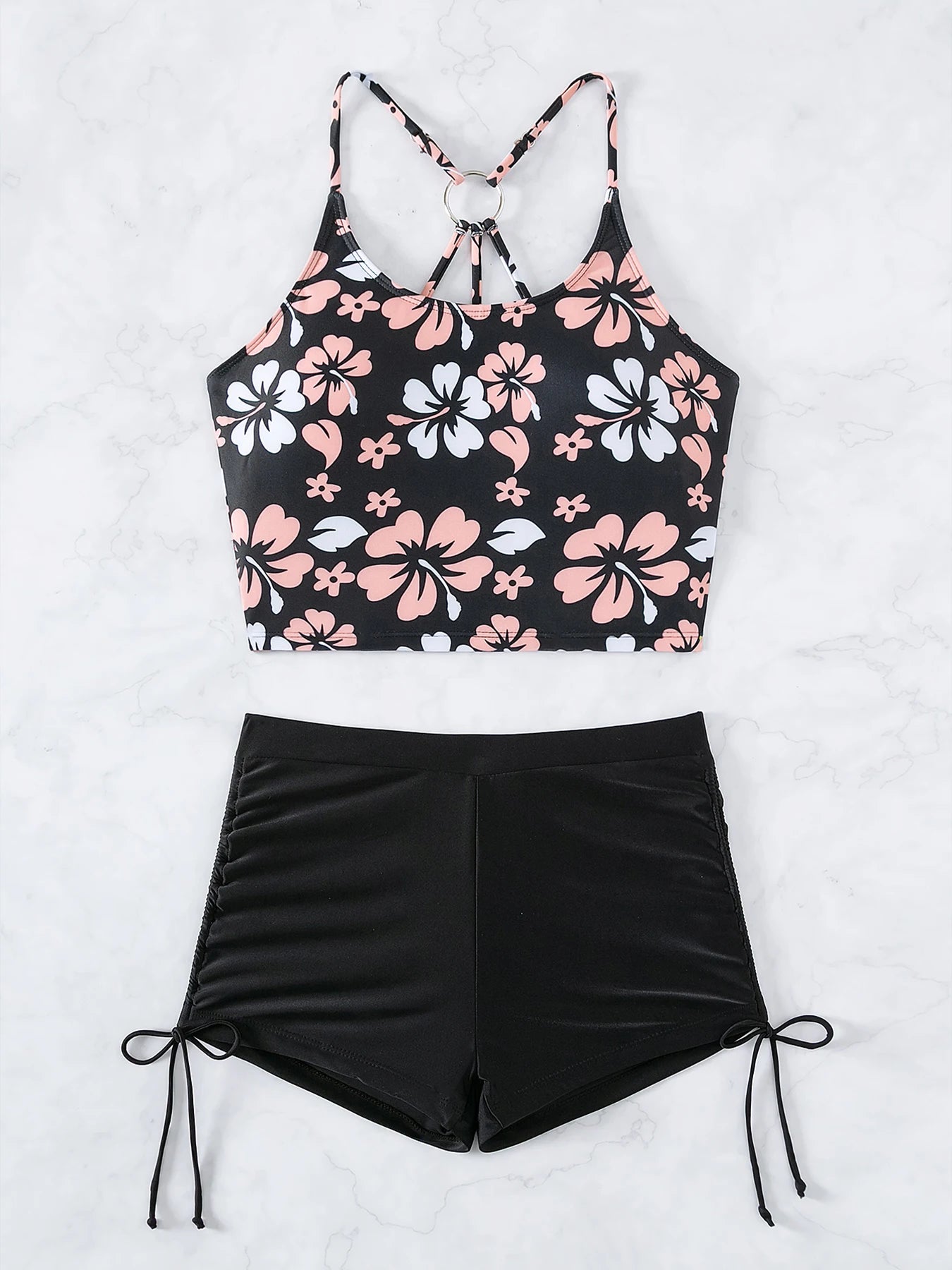 Printed Flower Tankini Set  Girl Swimwear Adjustable Strap Vest Bra Female Flower Shorts Bikini Drawstring Women Beach Set