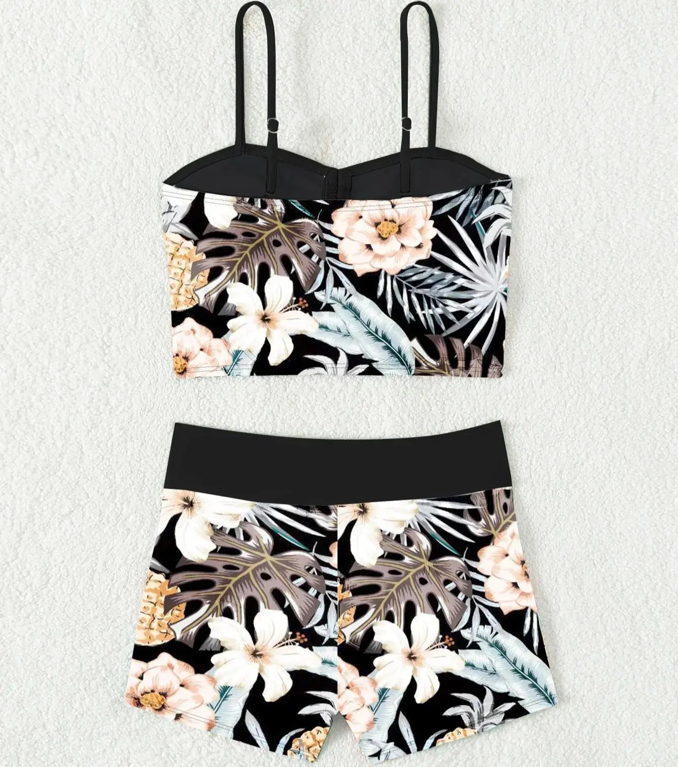 Printed Flower Tankini Set  Girl Swimwear Adjustable Strap Vest Bra Female Flower Shorts Bikini Drawstring Women Beach Set