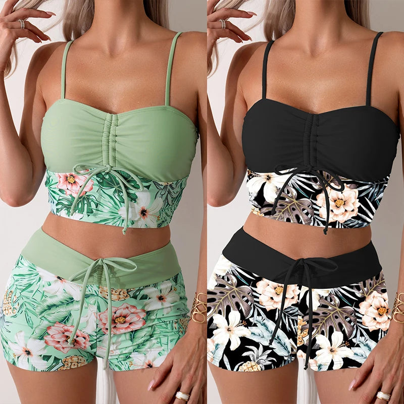 Printed Flower Tankini Set  Girl Swimwear Adjustable Strap Vest Bra Female Flower Shorts Bikini Drawstring Women Beach Set