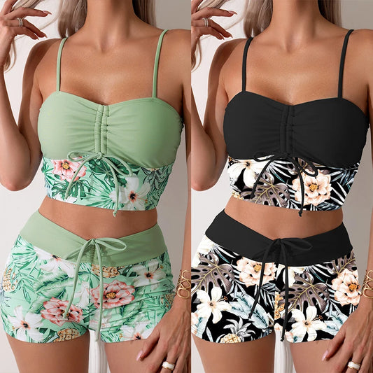 Printed Flower Tankini Set  Girl Swimwear Adjustable Strap Vest Bra Female Flower Shorts Bikini Drawstring Women Beach Set