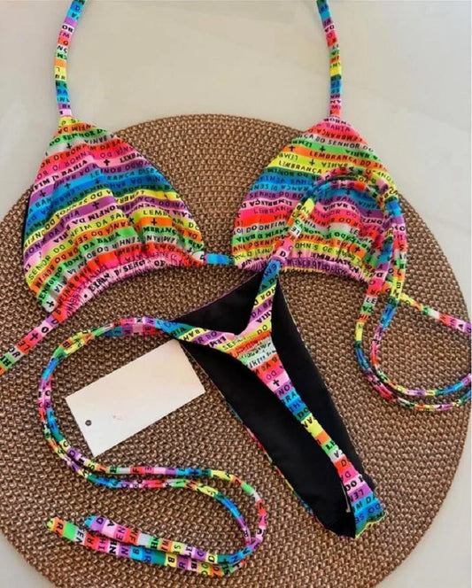 Letters Printed Colorful Mini Thong Bikini Women Swimwear Female Swimsuit Two-pieces Bikini set Bather Bathing Suit