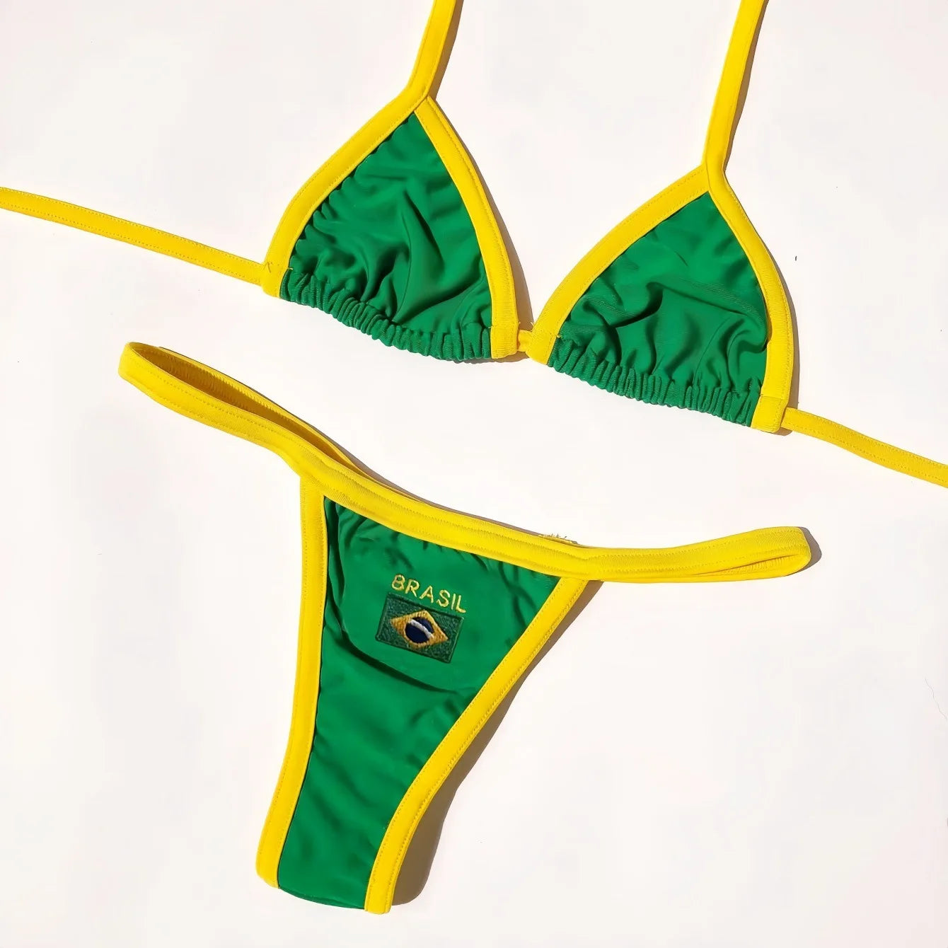 Sexy Embroidery Brasil Flag Contrast Split Bikini Set Women Swimwear Patchwork Swimsuit Hottie Outfit SummerBeachwear