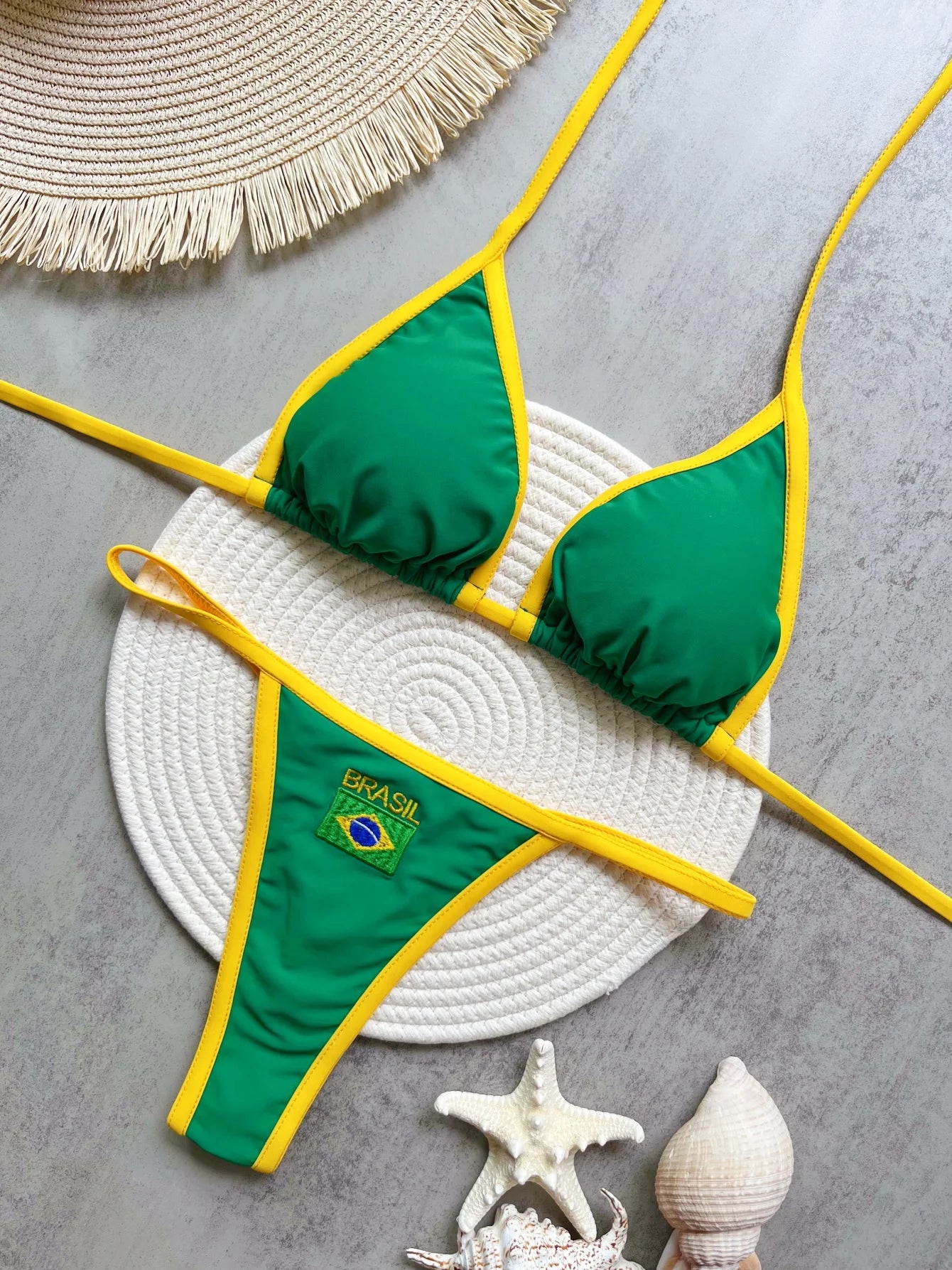 Sexy Embroidery Brasil Flag Contrast Split Bikini Set Women Swimwear Patchwork Swimsuit Hottie Outfit SummerBeachwear