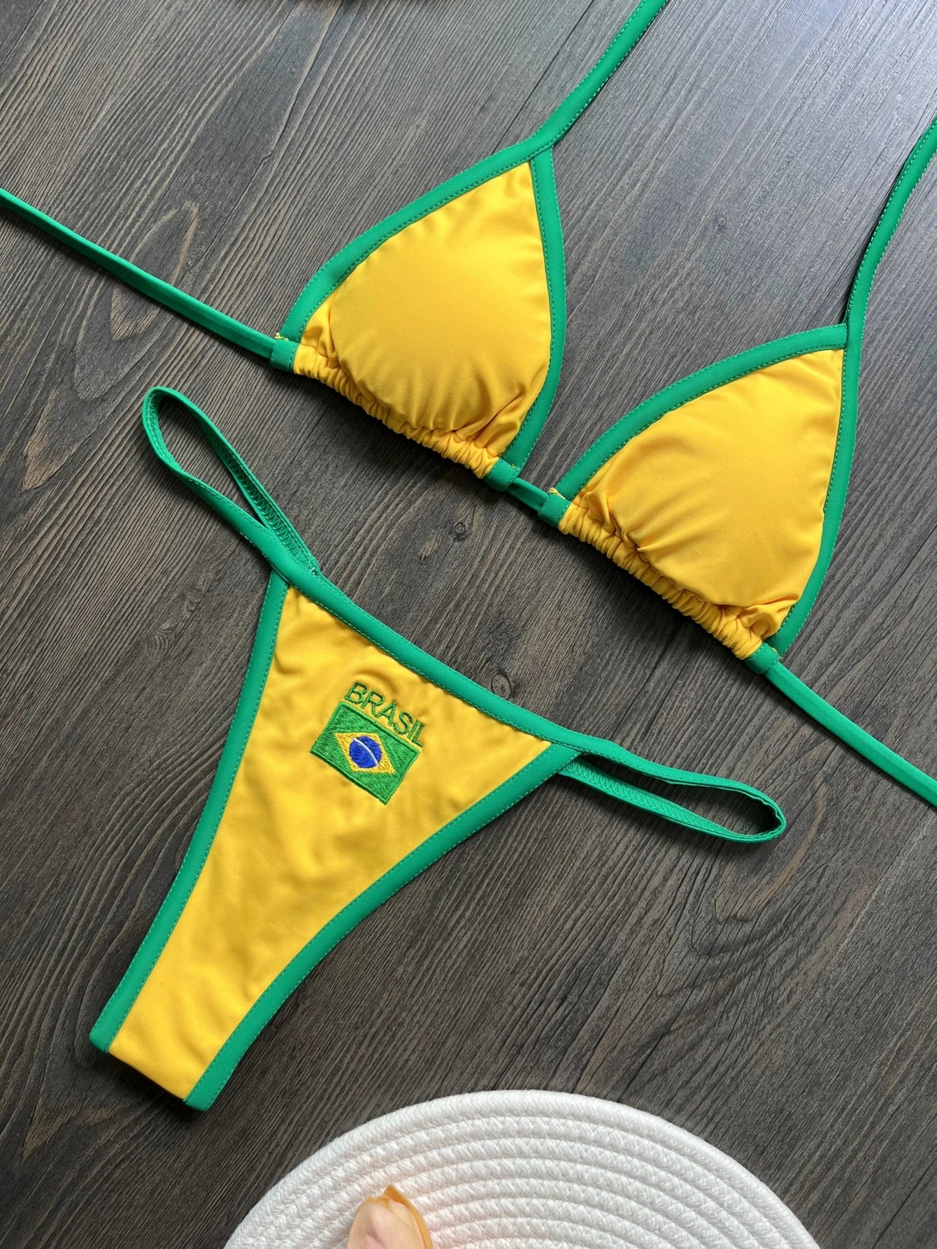 Sexy Embroidery Brasil Flag Contrast Split Bikini Set Women Swimwear Patchwork Swimsuit Hottie Outfit SummerBeachwear