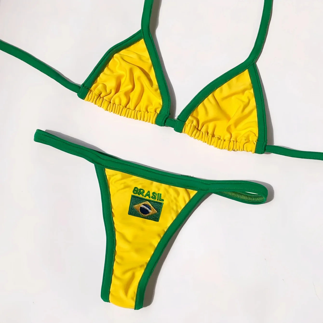 Sexy Embroidery Brasil Flag Contrast Split Bikini Set Women Swimwear Patchwork Swimsuit Hottie Outfit SummerBeachwear