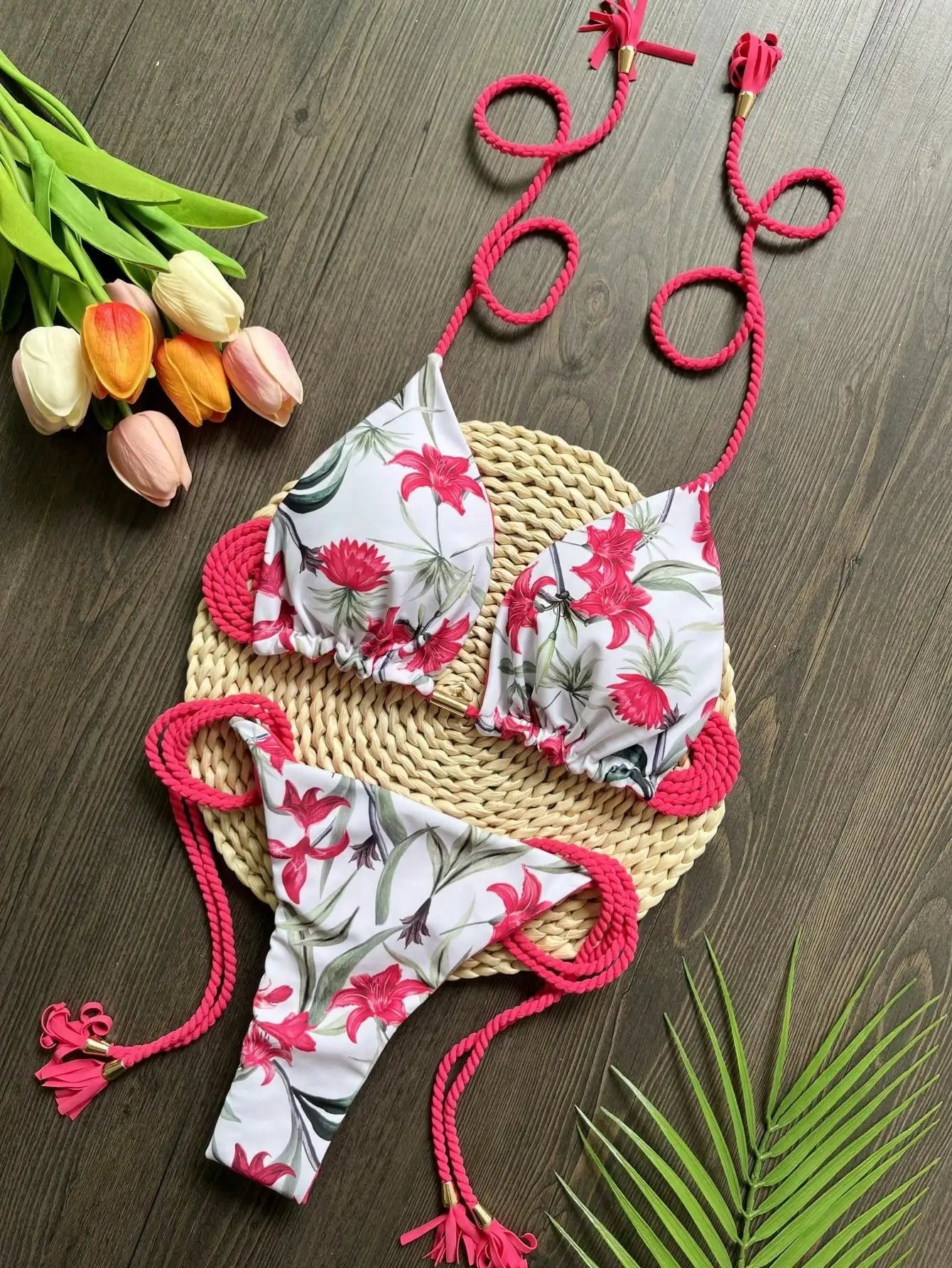 Sexy Plant Print Swimsuit Braiding rope Bandage Bikinis Set Triangle Swimwear Bathing Suit Brazilian Biquinis