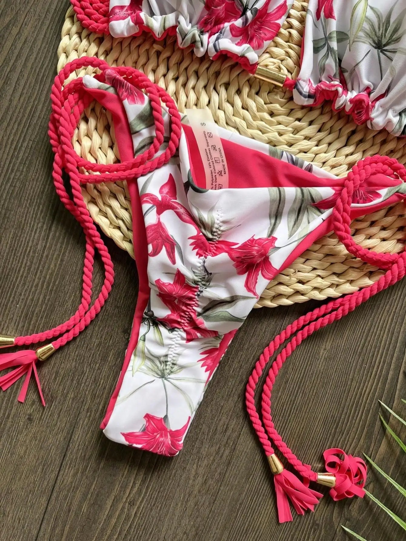 Sexy Plant Print Swimsuit Braiding rope Bandage Bikinis Set Triangle Swimwear Bathing Suit Brazilian Biquinis